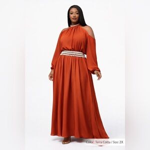 Terracotta Shell-Belt Maxi Gown | Cutout Shoulder | Size 2X